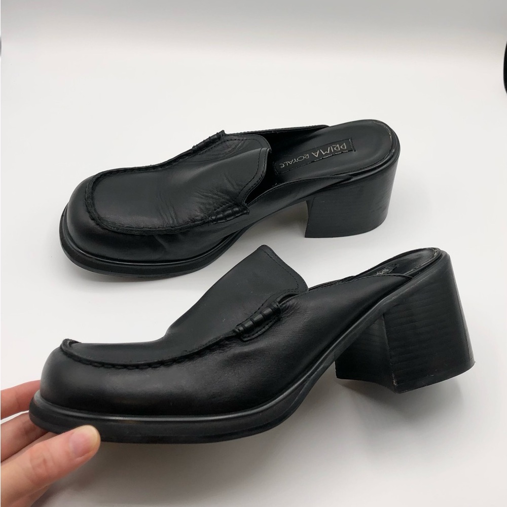 Prima Royale Vintage Y2K Chunky Black Leather Heeled Mules - Size 9.5
